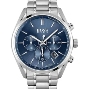 Hugo Boss 1513818 Champion en gros plan de face : cadran bleu, trois sous-cadrans, date et bracelet argenté