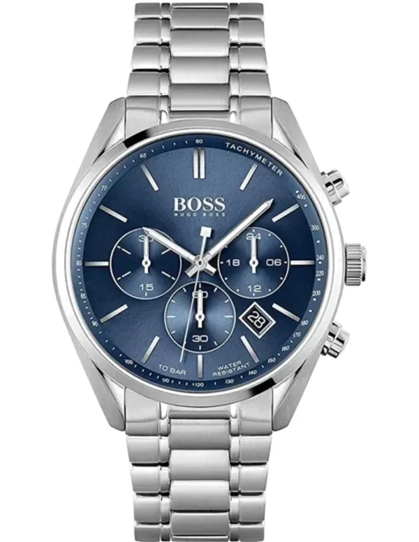 Hugo Boss 1513818 – vue de face (guide) Hugo Boss 1513818 Champion en gros plan de face : cadran bleu, trois sous-cadrans, date et bracelet argenté