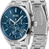 Hugo Boss 1513818 – vue de côté (guide) Hugo Boss 1513818 vue en biais avec couronne BOSS, poussoirs et fermoir déployant du bracelet ouvert