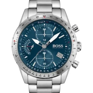 Hugo Boss 1513850 photographiée de face : cadran bleu à trois compteurs, lunette graduée et bracelet acier