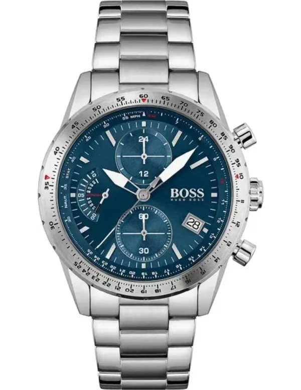Hugo Boss 1513850 – vue de face (guide) Hugo Boss 1513850 photographiée de face : cadran bleu à trois compteurs, lunette graduée et bracelet acier