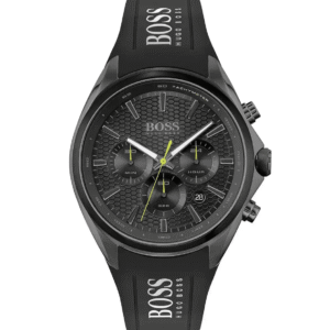 montre-hugo-boss-1513859-noir-face.png Montre Chronographe Hugo Boss Distinct 1513859 Noire, Touches Jaunes et Bracelet Silicone
