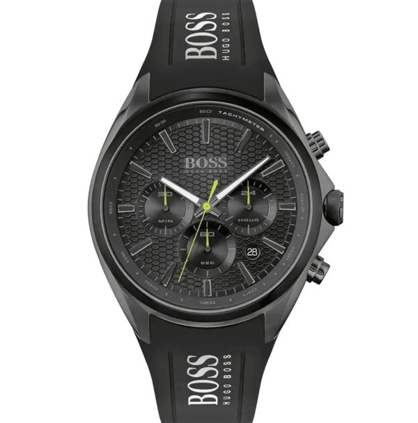 Montre Chronographe Hugo Boss Distinct 1513859 Noire, Touches Jaunes et Bracelet Silicone