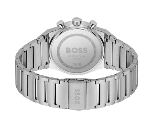 montre-hugo-boss-1514220-argent-dos.png Montre Chronographe Hugo Boss 1514220 en Acier, Cadran Vert et Détails Dorés