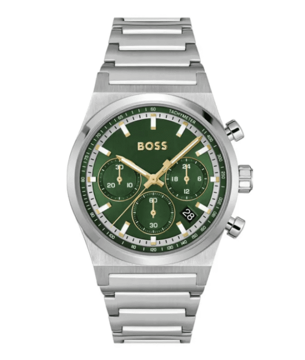 montre-hugo-boss-1514220-vert-face.png Montre Chronographe Hugo Boss 1514220 en Acier, Cadran Vert et Détails Dorés