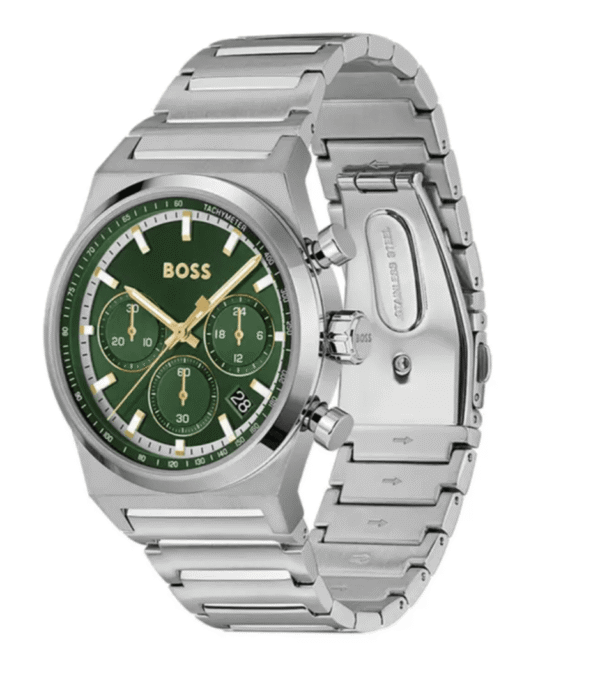 montre-hugo-boss-1514220-vert-profil.png Montre Chronographe Hugo Boss 1514220 en Acier, Cadran Vert et Détails Dorés
