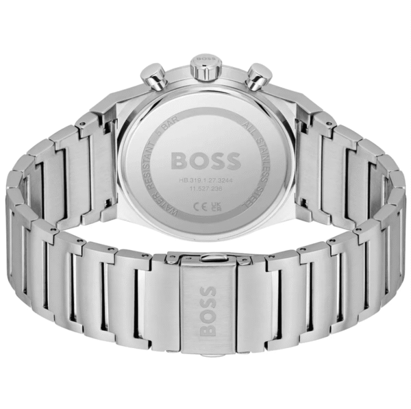 montre-hugo-boss-1514250-argent-dos-fermoir.png Montre Chronographe Hugo Boss 1514250 en Acier Argenté et Cadran Bleu