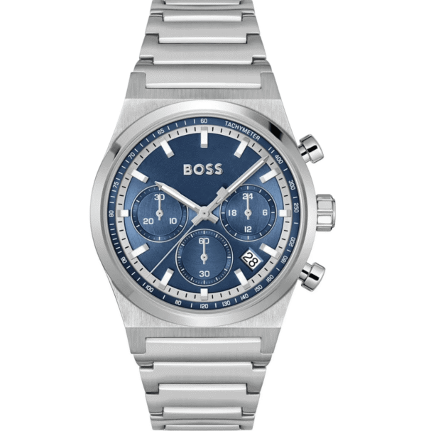 montre-hugo-boss-1514250-bleu-face.png Montre Chronographe Hugo Boss 1514250 en Acier Argenté et Cadran Bleu