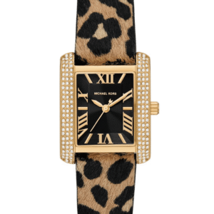 montre-michael-kors-emery-mk7387-doree-cadran-noir-leopard-face.png Montre Michael Kors Emery MK7387 Femme — Dorée Cadran Noir Bracelet Léopard