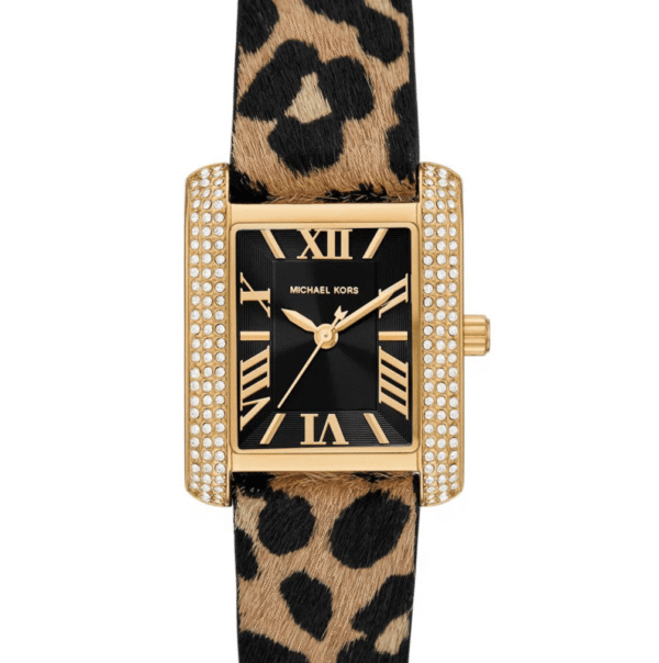 montre-michael-kors-emery-mk7387-doree-cadran-noir-leopard-face.png Montre Michael Kors Emery MK7387 Femme — Dorée Cadran Noir Bracelet Léopard