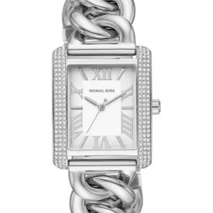Montre Michael Kors Mini Emery MK7438 Femme – Boîtier Rectangulaire Serti de Cristaux & Bracelet Gourmette Acier Argenté
