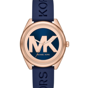 montre-michael-kors-mk7140-maroc-cadran-bleu-logo-mk.png Michael Kors Janelle MK7140 – Or Rose Bracelet Silicone Bleu (MK7140)