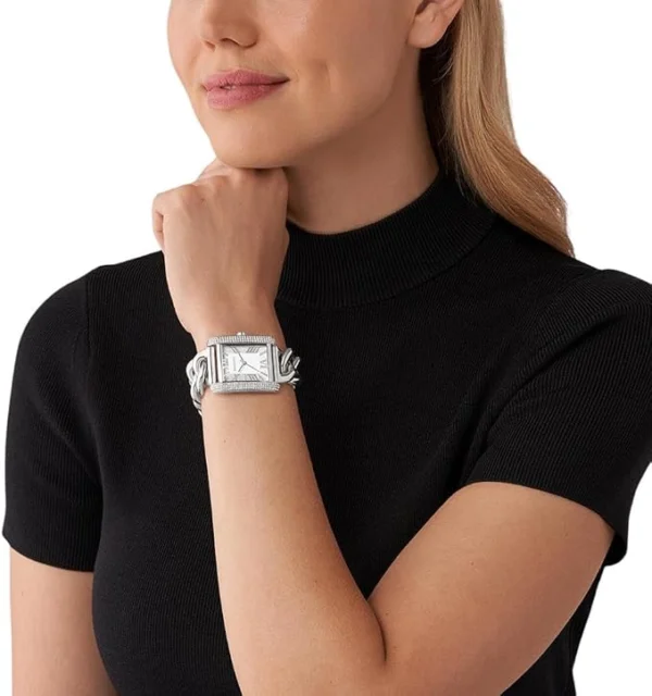 Montre Michael Kors Mini Emery MK7438 Femme – Boîtier Rectangulaire Serti de Cristaux & Bracelet Gourmette Acier Argenté