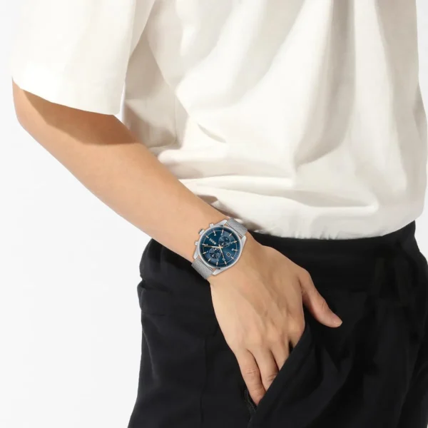 Montre homme Boss Skytraveller 1514149 44 mm en acier inoxydable avec cadran bleu et chronographe