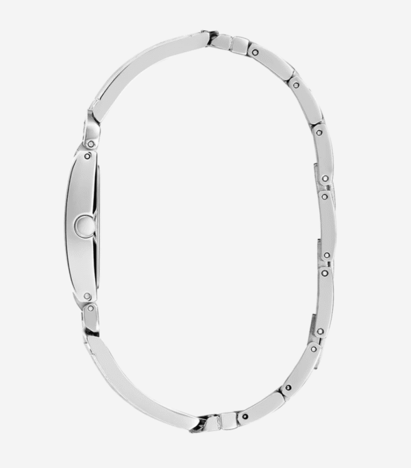 profil-montre-guess-gw0807l1.png Montre Femme GUESS GW0807L1 : Boîtier Rectangulaire Argenté et Cadran Denim Bleu